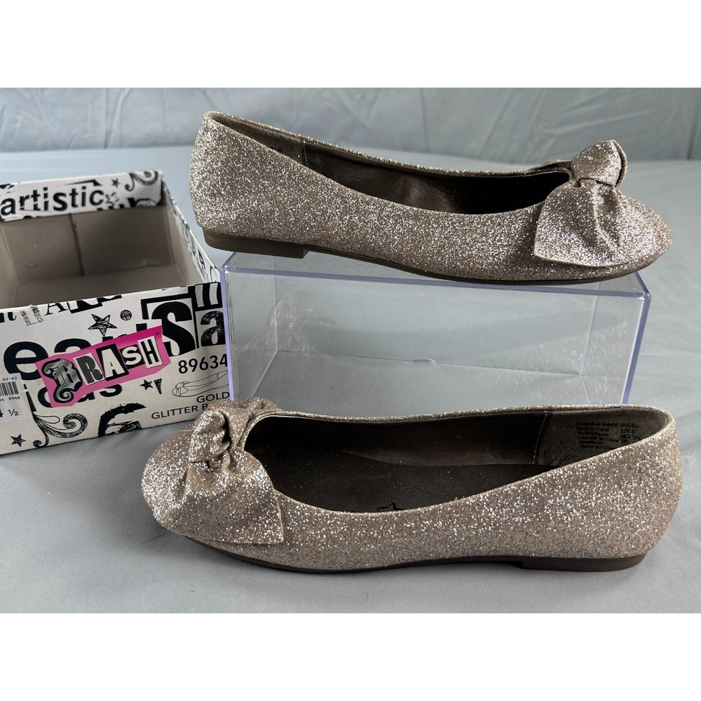 Brash Women Ballet Flats Size 4.5 Gold Glitter Bow Slip‎ On Y2K Glam Cute - Picture 5 of 9